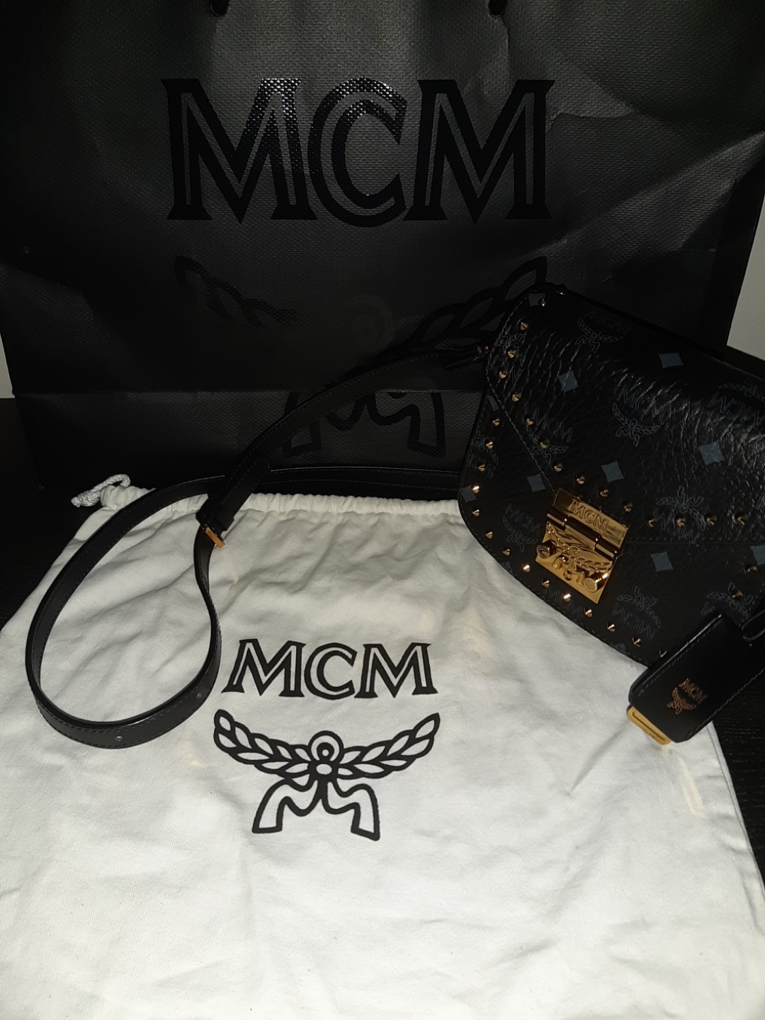 MCM Patricia Shoulder Bag Visetos Studded Outline Small Black