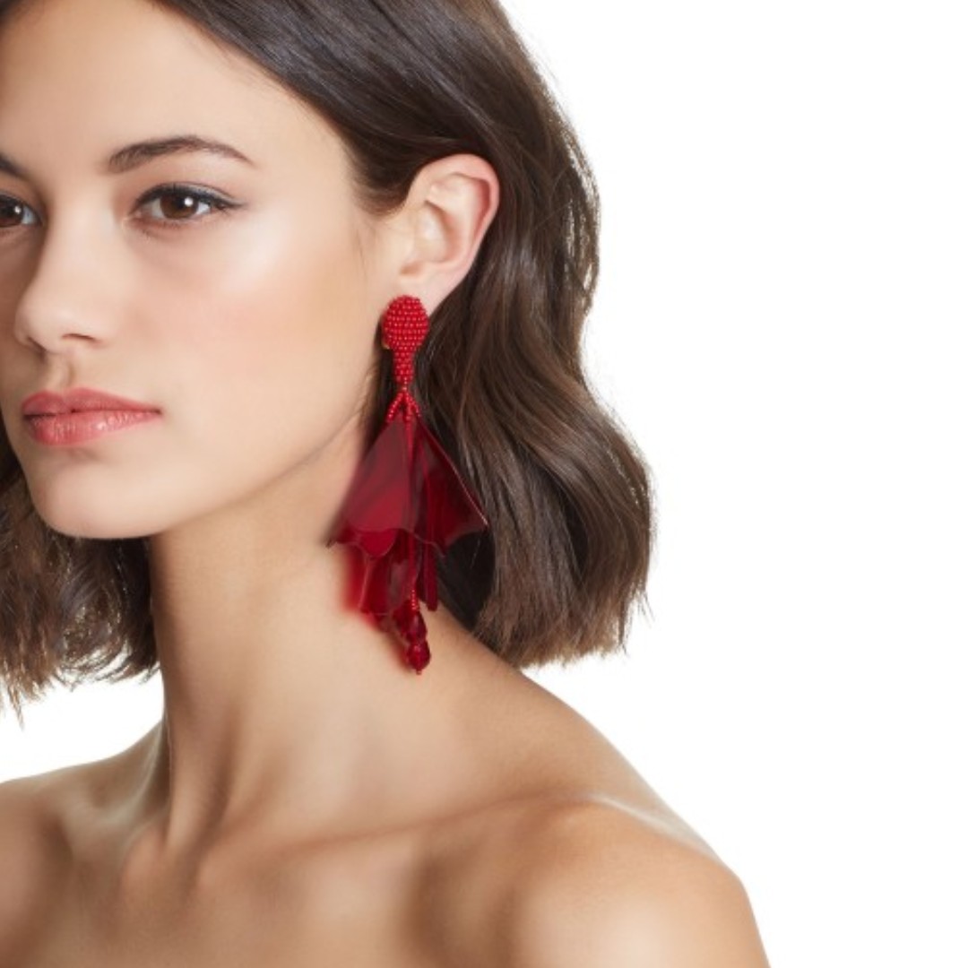 Oscar de la Renta Red Garnet Large Clip On Impatiens Earrings