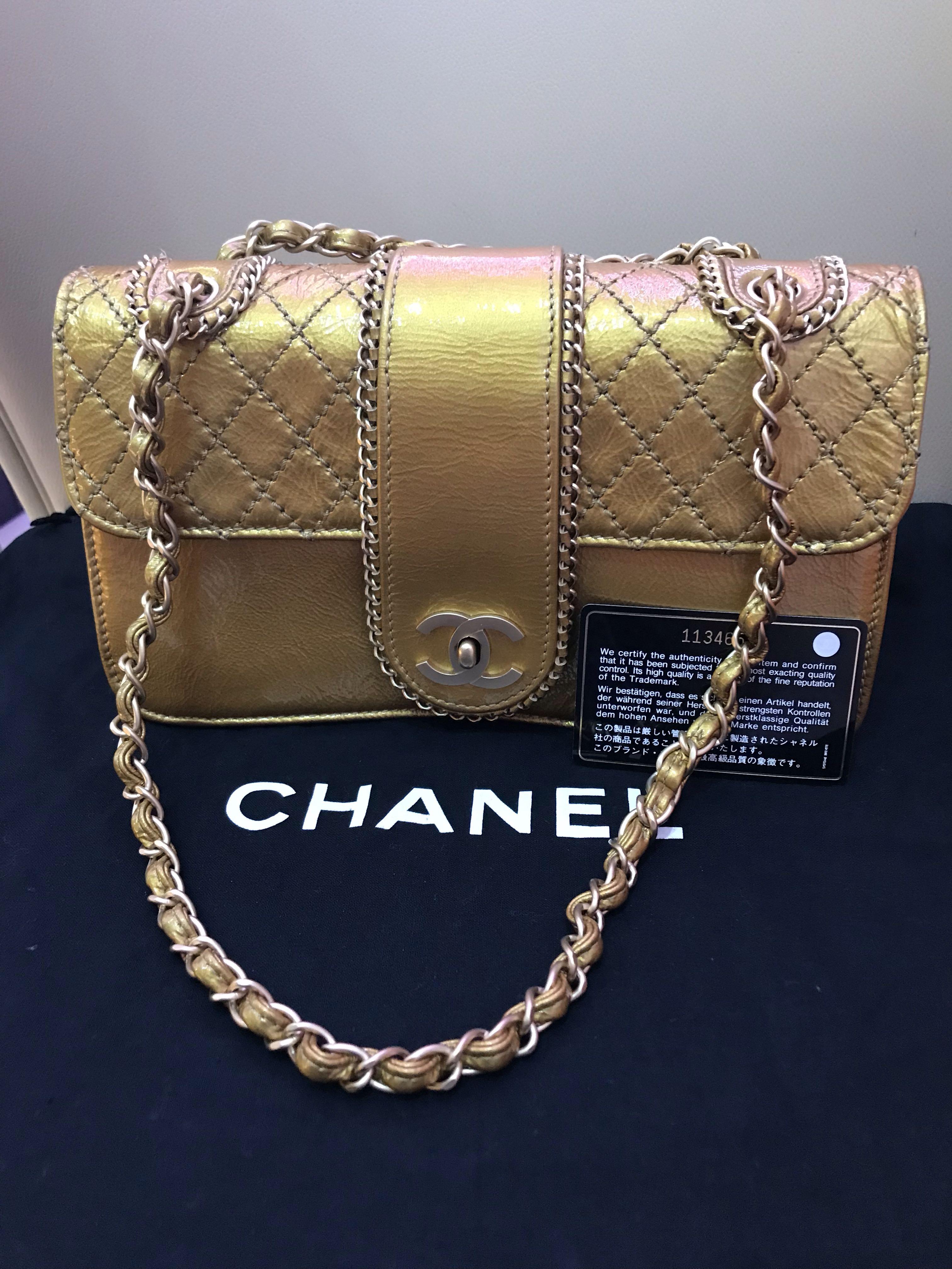 Chanel classic flap Madison gold Patent leather shoulder bag, Luxury, Bags  & Wallets on Carousell