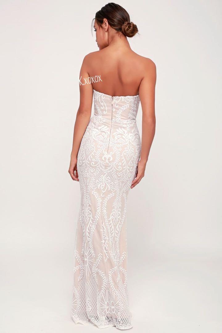 you belong with me white and nude lace strapless maxi dress