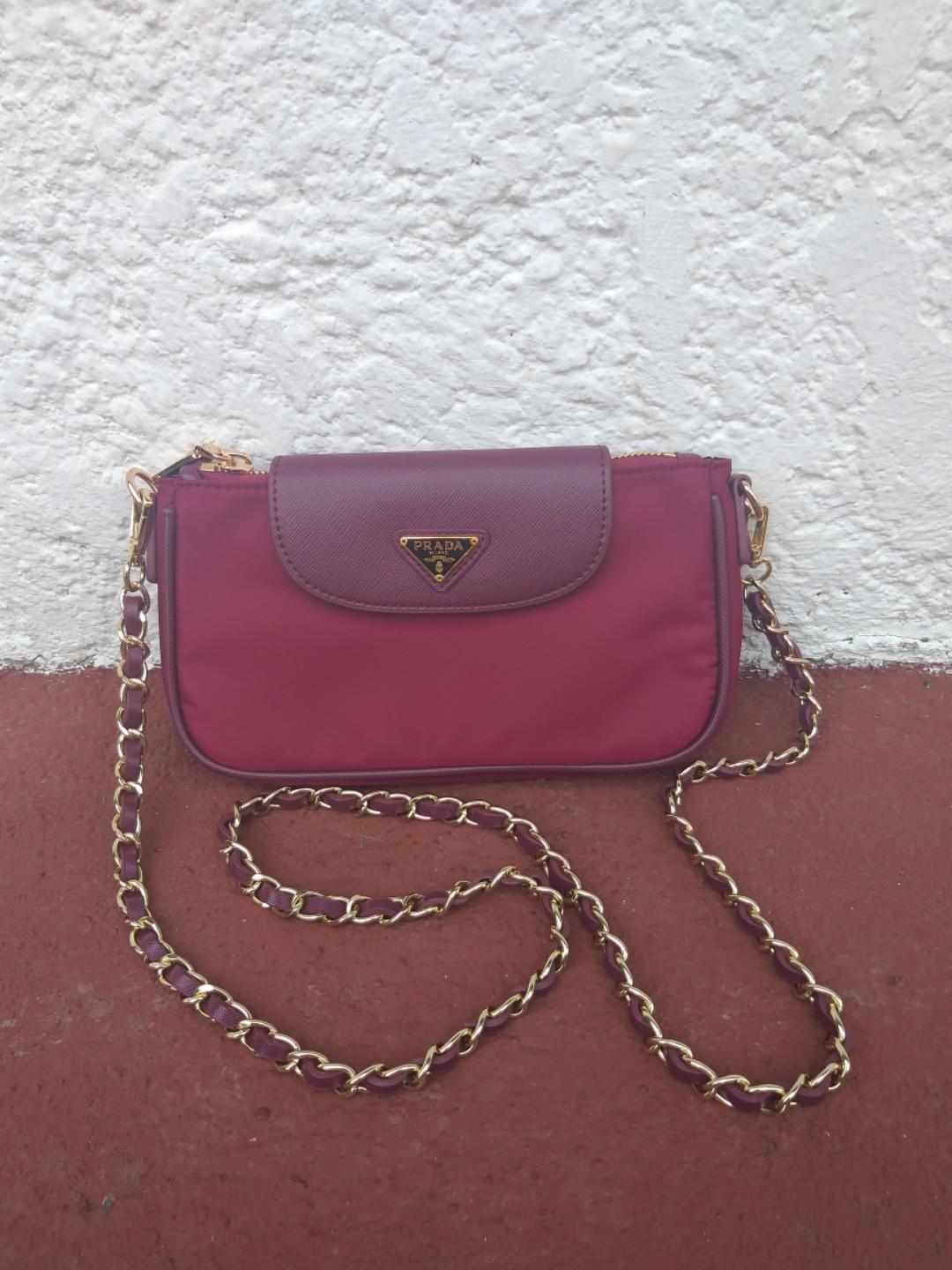 PRADA MAROON NYLON LEATHER SLING BAG