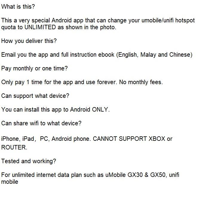 Unlimited Hotspot Unifi Mobile Umobile GX30 GX50 Data bypass