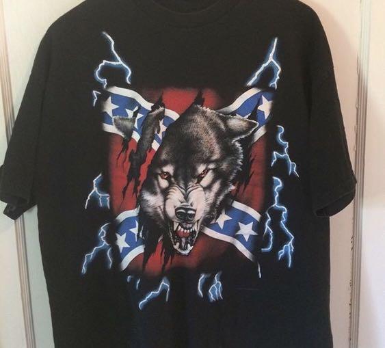 90s Vintage AMERICAN THUNDER Confederate Flag WOLF TShirt, Men's