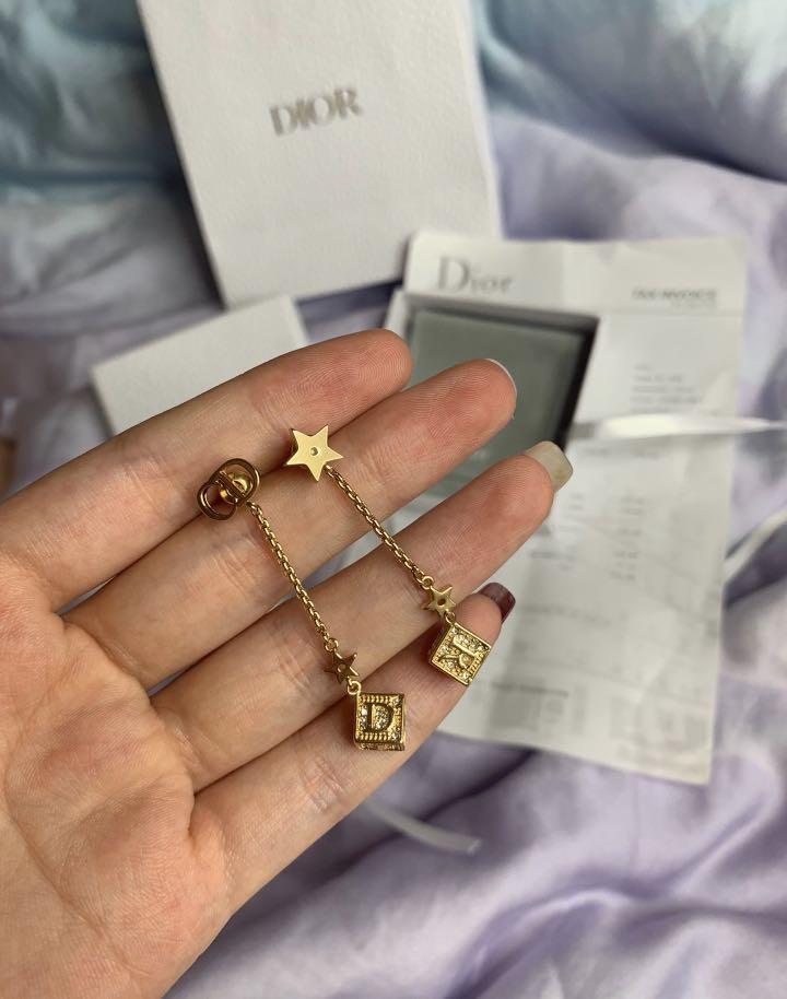 Authentic Dior earrings Dior Lucky Square earrings in gold tone finish metal and white crystals. Length 4.5 cm