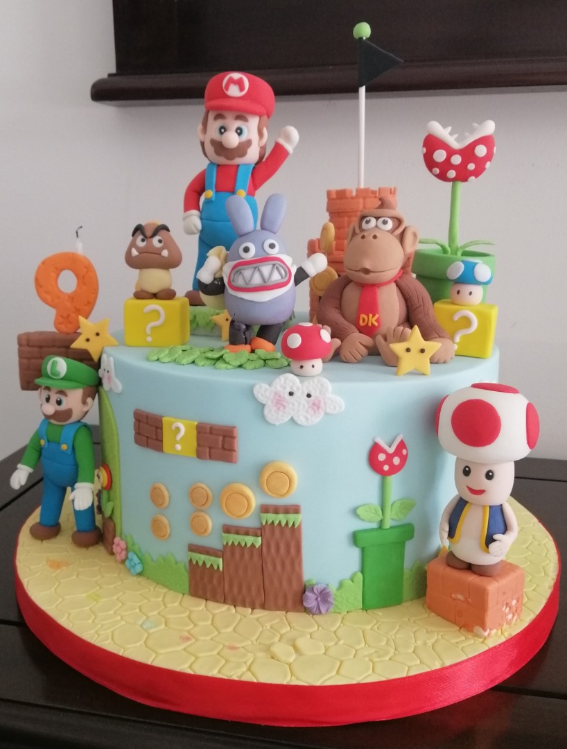 Kue (birthday cake) ultah dummy mario bross isi styrofoam, Desain