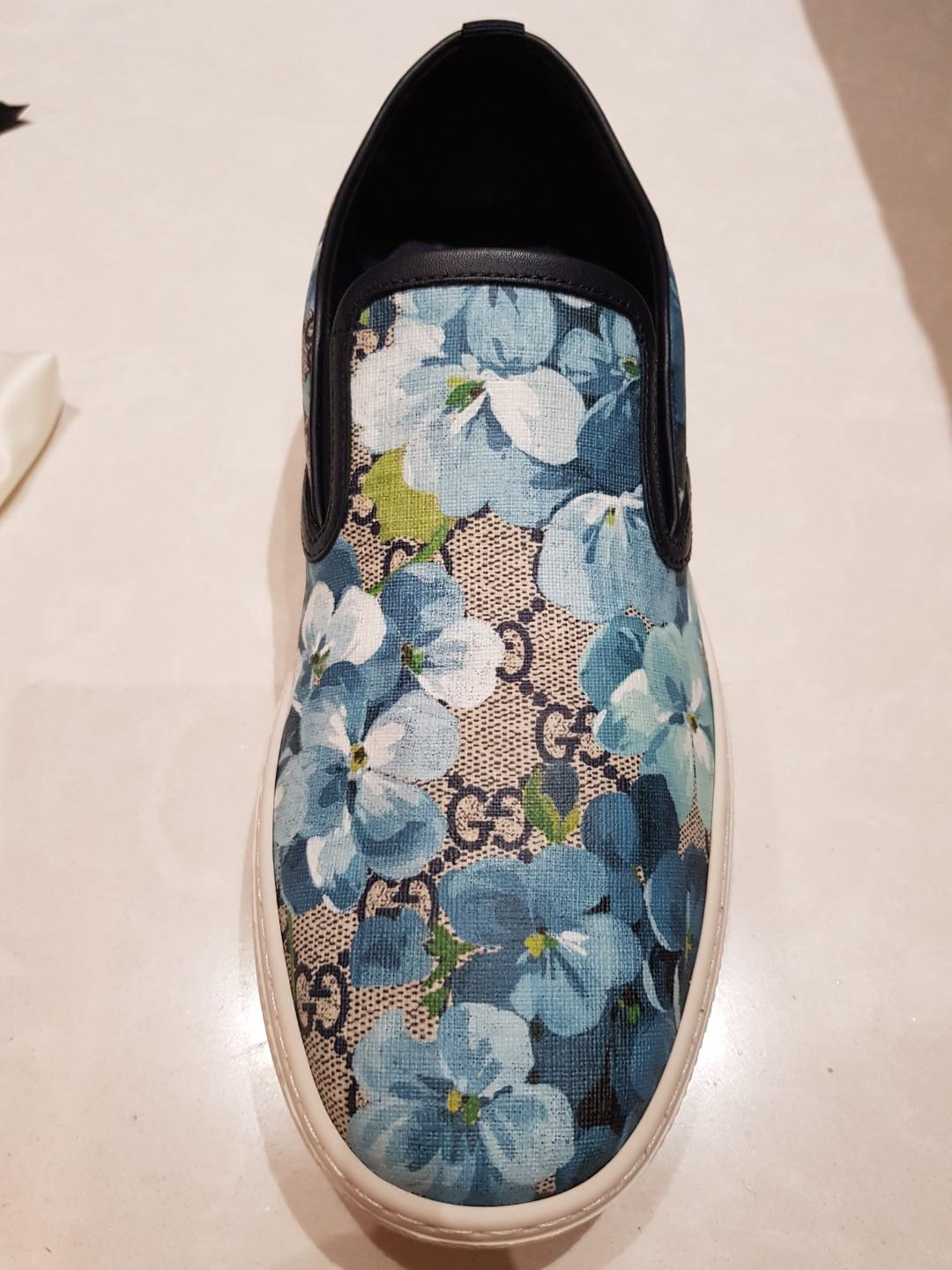 Authentic Gucci Supreme GG Canvas Bloom Print Blue Flower Slip on