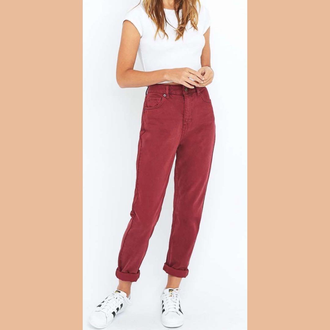 Pull Bear Maroon Mom Jeans Women S Fashion Clothes Pants Jeans Shorts On Carousell