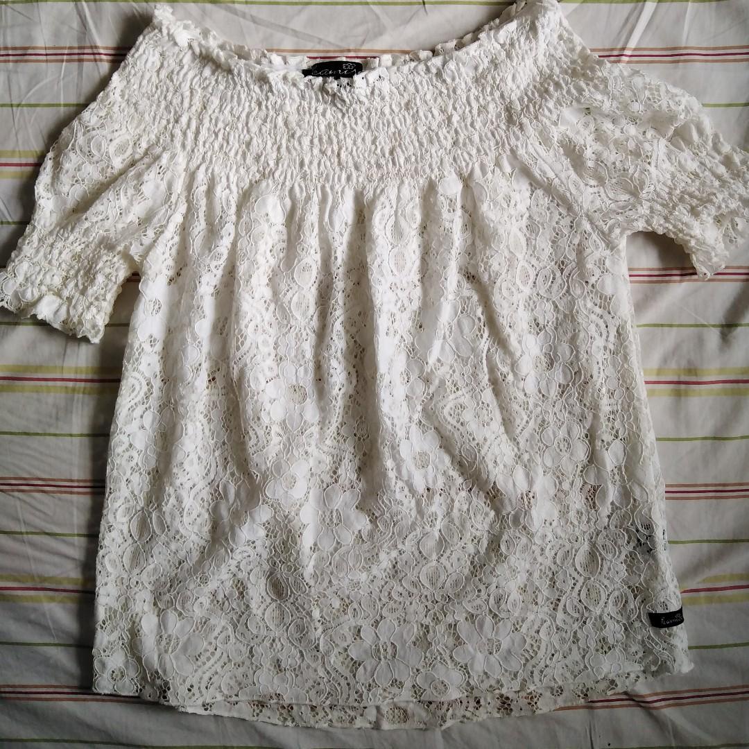 white lace off-shoulder top (Category: Sleeveless) located in Las Pinas. Submitted by faedizon (Listing ID 250059178, Image 1). Description: -hardly used RFS: "They no longer spark joy." Please manage your expectations. Most of my items are pre-loved. Not all items are in pristine condition. They may be used but never abused. Color may vary due to lighting. Please be guided by the name of the item. All items are authentic unless stated. No other 
