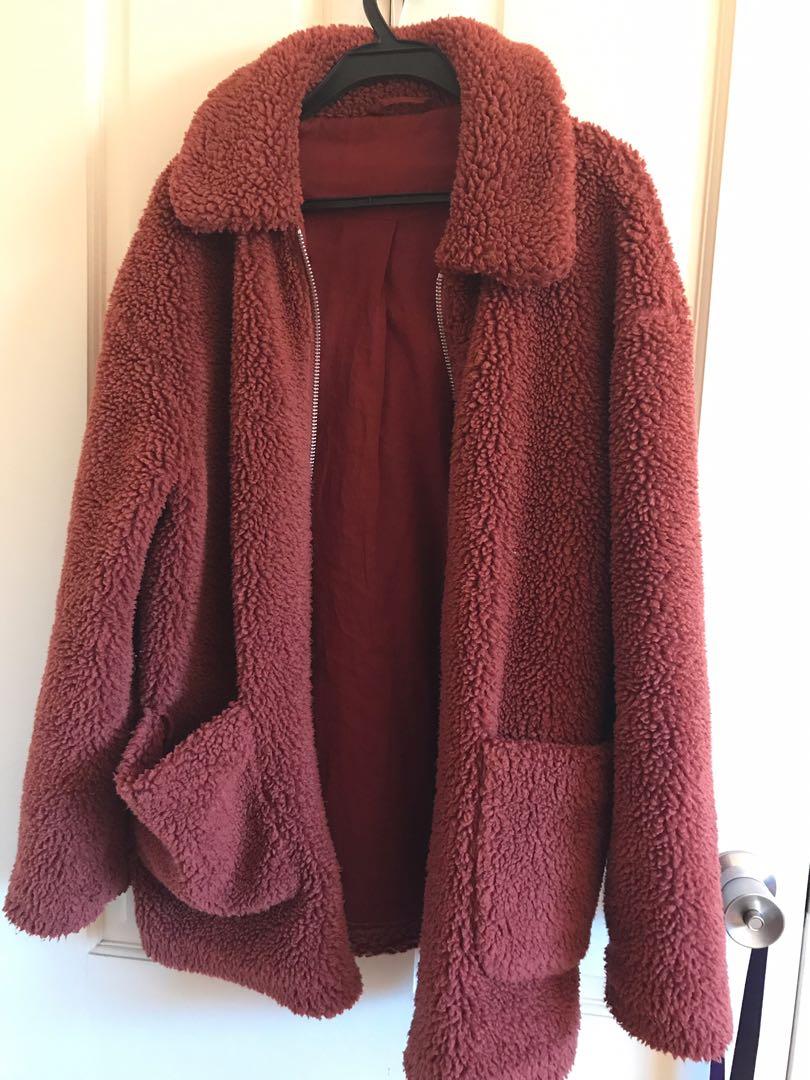 burgundy teddy coat