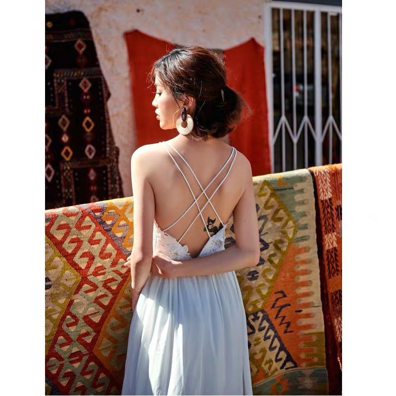 Seaside holiday skirt beach dress sling bohemian dress white slim