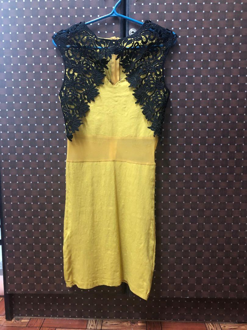 Yellow mustard bodycon dress with black lace and sheer details, Women's ...