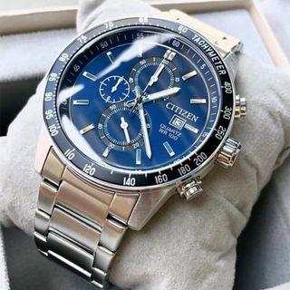 CITIZEN 星辰錶 全新正品 賽車三眼計時鋼帶錶 AN3600-59L 藍面