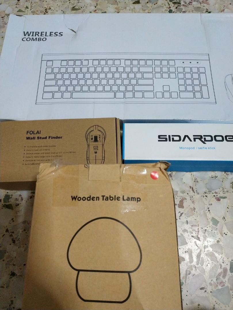 Bundle Set (Category: Other Sports Equipment and Supplies) located in Singapore. Submitted by jessteo1973 (Listing ID 250406299, Image 1). Description: Selling as bundle set as 1) wireless combo set 2)Folai wall stud finder 3)Sidardoe Monopod Selfie Stick 4) Wooden Table Lamp All brand new set Self collection at Bedok.