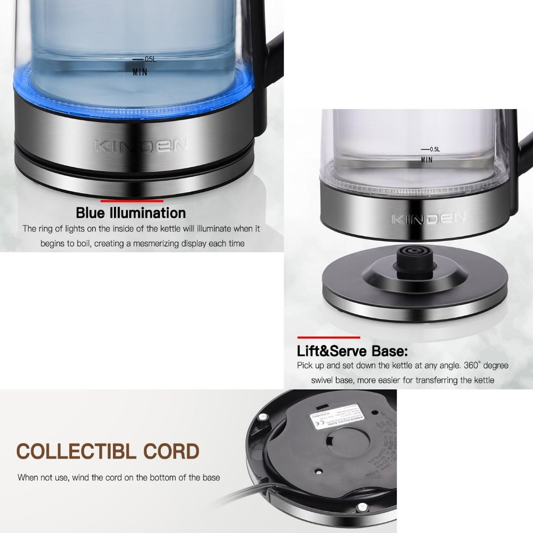 (K972) Borosilicate Glass Electric Kettle,KINDEN 1.7L Double Walled