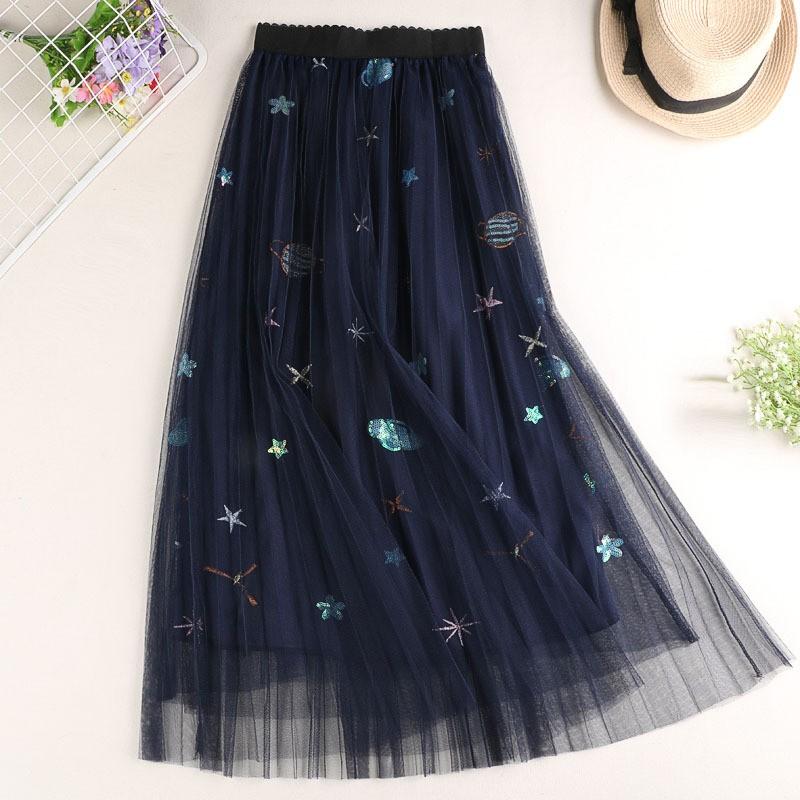 Galaxy Planet Galaxy Embroidered Tulle Mesh Skirt Mi length Dark Blue Tutu Women s Fashion Bottoms Skirts on Carousell