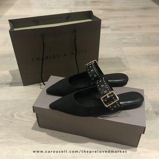 Black Studded Buckle Mules - Charles and Keith