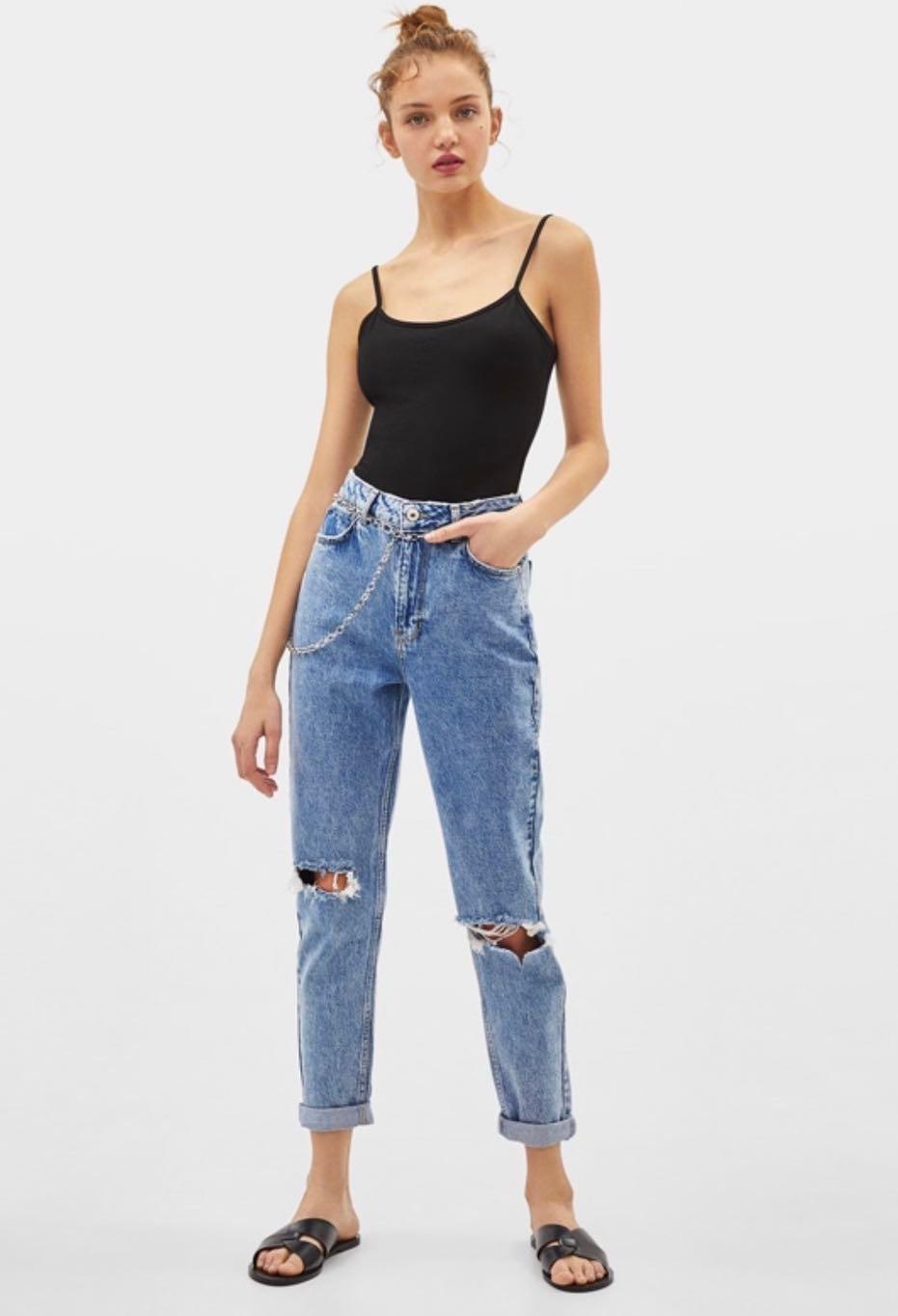 Bershka High Waist Mom Jeans With Chain Women S Fashion Clothes Pants Jeans Shorts On Carousell
