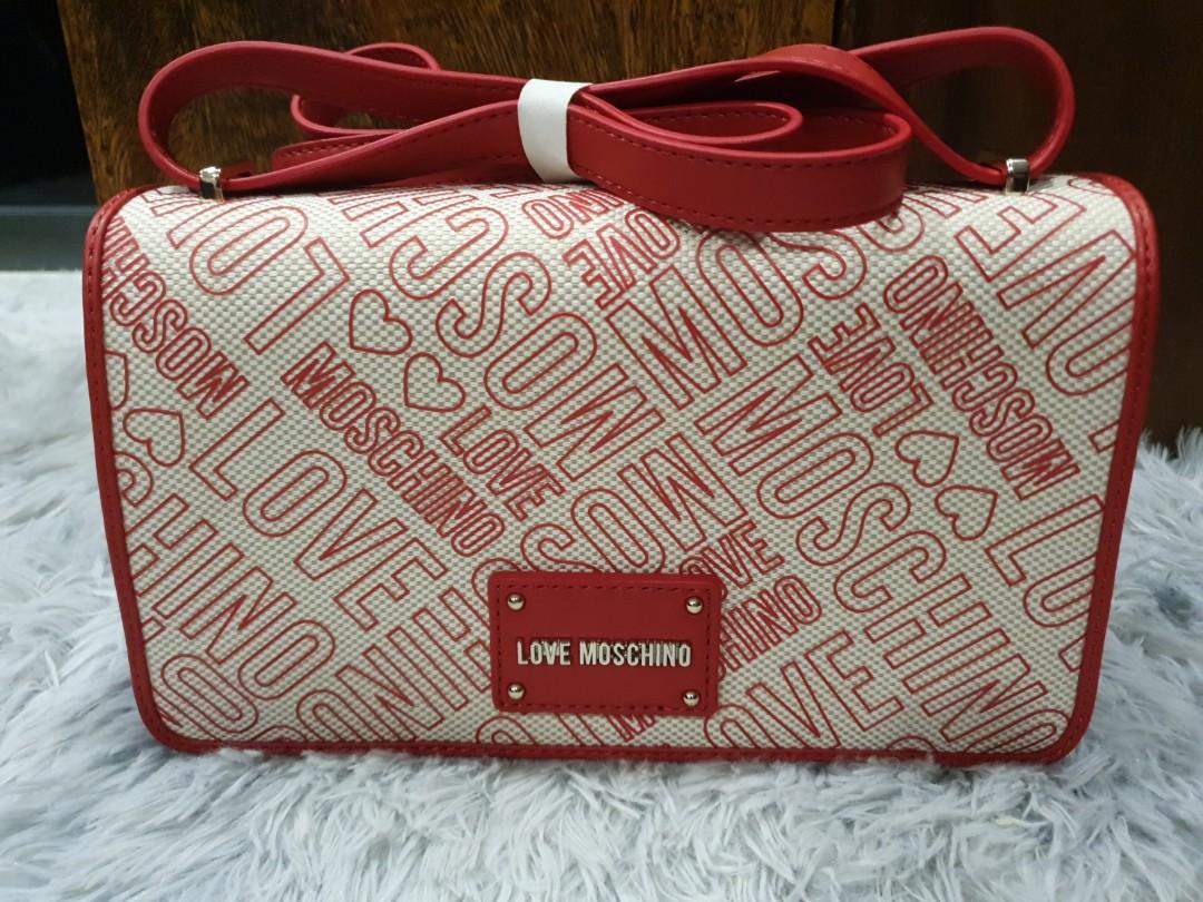 Love Moschino Crossbody canvas leather Natural and Red embossed logo