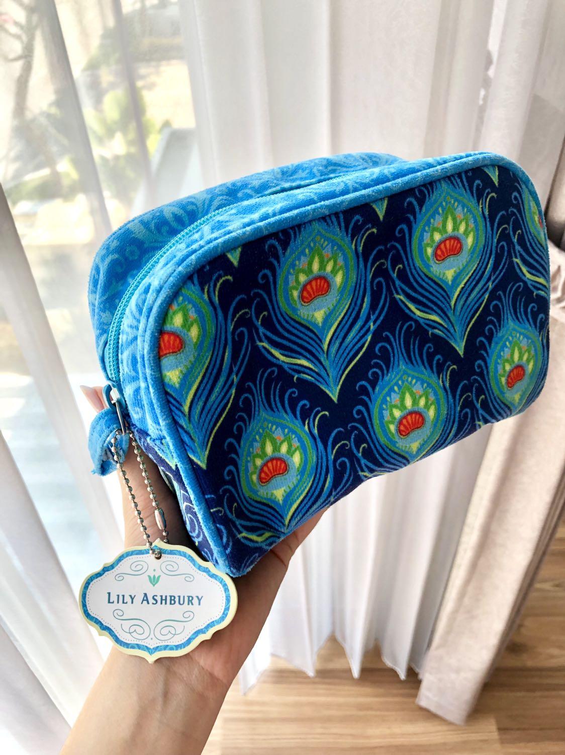 Makeup Pouch Dompet Biru Motif Burung Merak Lily Ashbury 