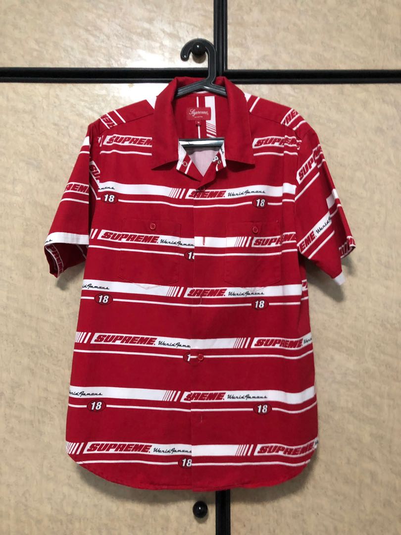 Supreme FW18 striped racing work shirt, Men's Fashion, Tops & Sets
