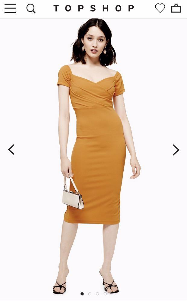 Topshop Bardot Wrap Midi Dress Mustard Women s Fashion Dresses