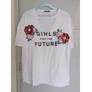 Bershka Girls for the Future White Chocker Floral Sequinned Embroidered T-shirt