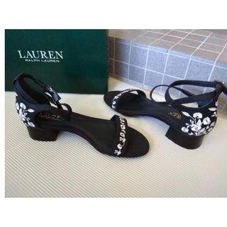 Ralph Lauren 涼鞋 美國名品 全新 黑色白繡花 7B 約23.5-24公分足長適合 美麗優雅好穿