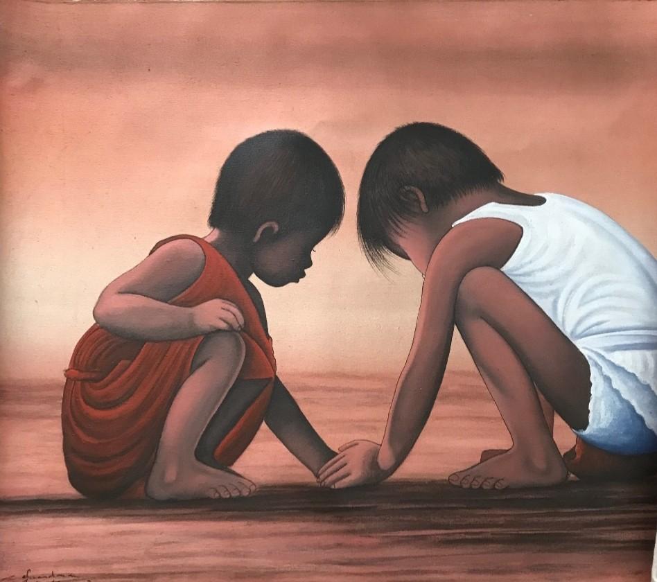Large Fine Art Oil Painting Children Friendship Design Craft