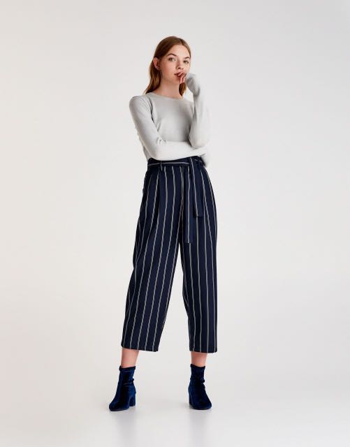 Pull Bear Striped Navy Blue Paperbag Trousers Culottes with tied