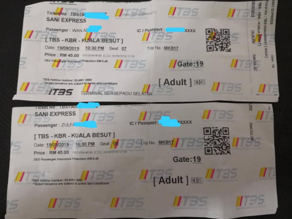 Tiket Bas SANI EKSPRESS (TBS - KUALA BESUT (PERHENTIAN) ) 2 TICKET 