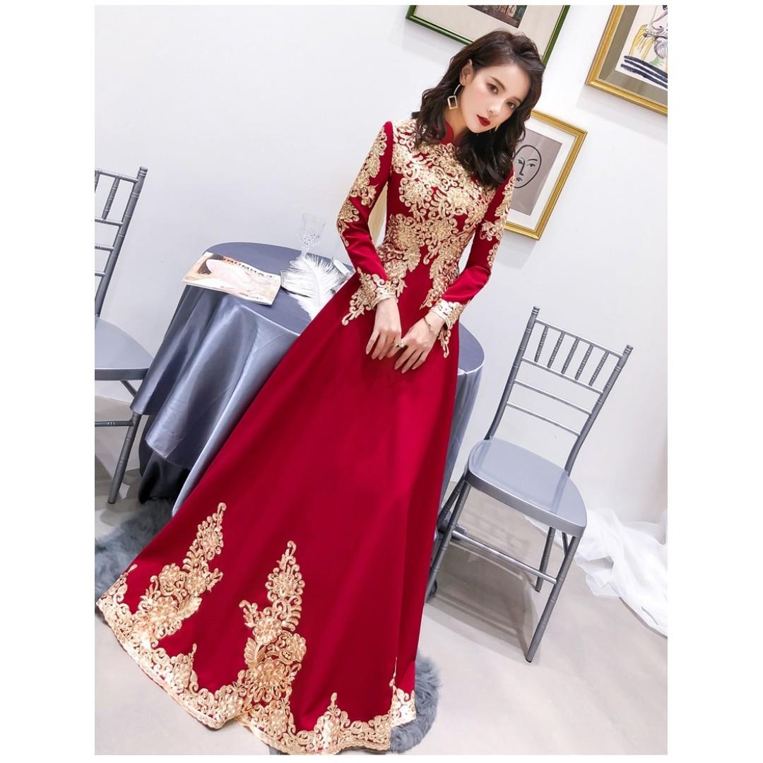 Red and gold prom dress shop
