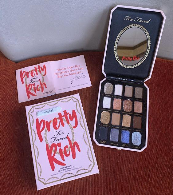 Too Faced Pretty Rich Eyeshadow Palette (Category: Makeup) located in Balanga. Submitted by awysha (Listing ID 251010671, Image 2). Description: Used for a few times Bought at Sephora for PhP2750 Tarte Becca Too faced Urban decay Mac Maybelline Loreal Sunnies face .