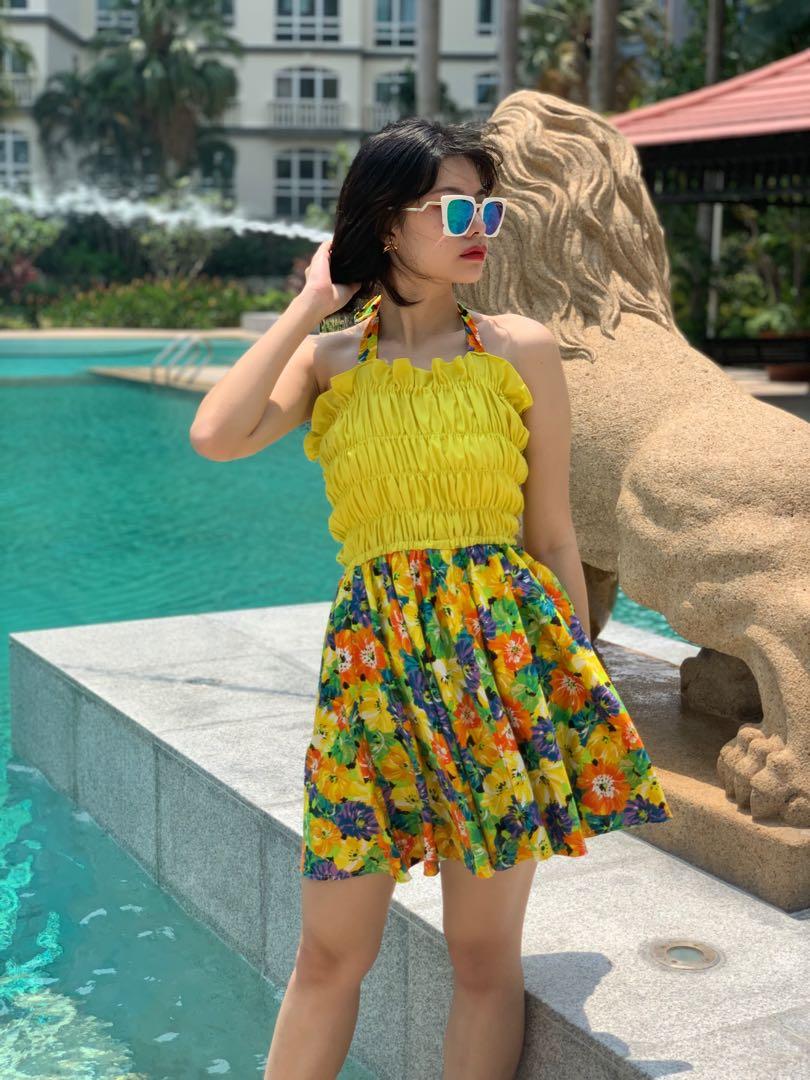Vintage 1980s smocked neon yellow and floral skirt halter dress