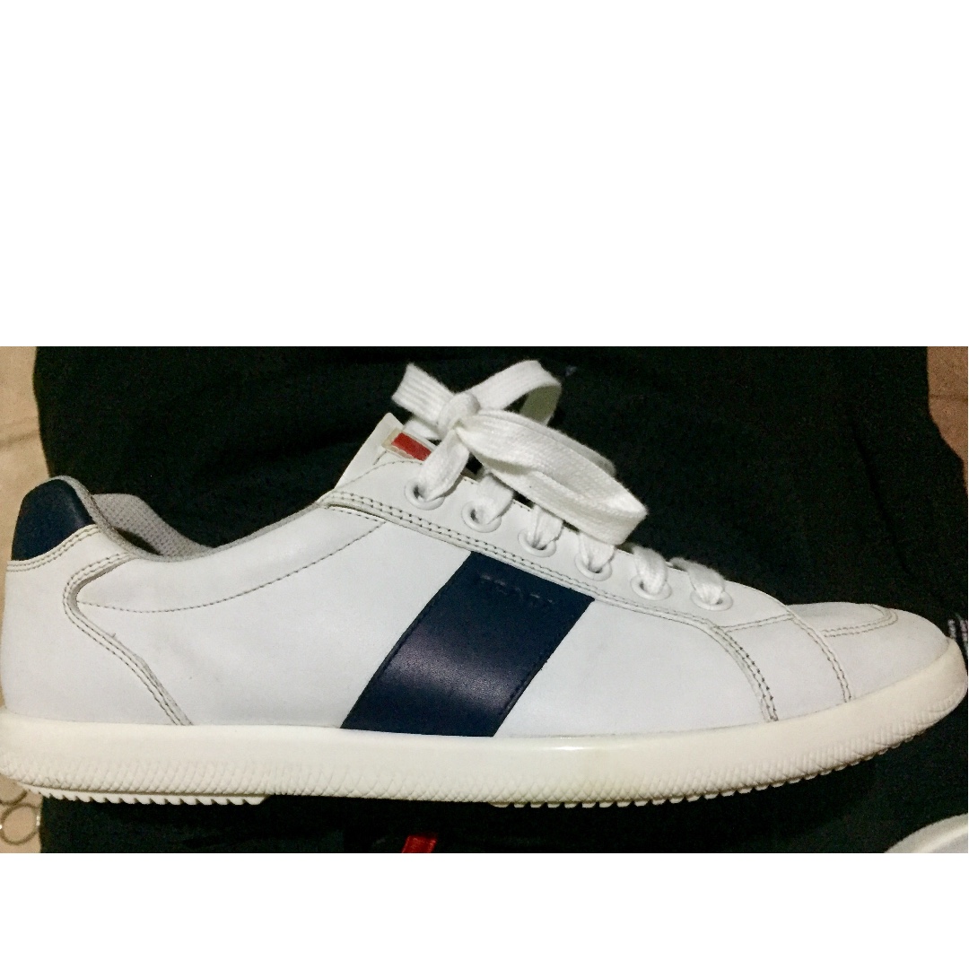 Authentic Prada 4E 2845 Mens white/navy blie leather sneaker, Men's ...