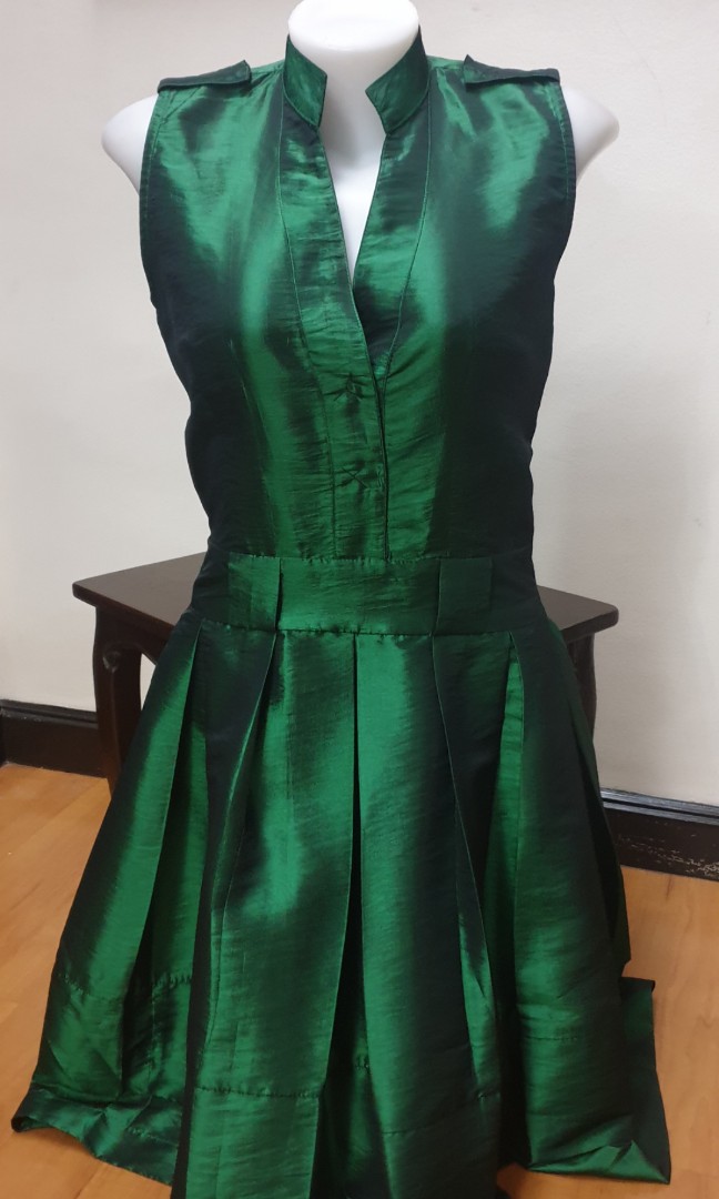 emerald green satin cocktail dress