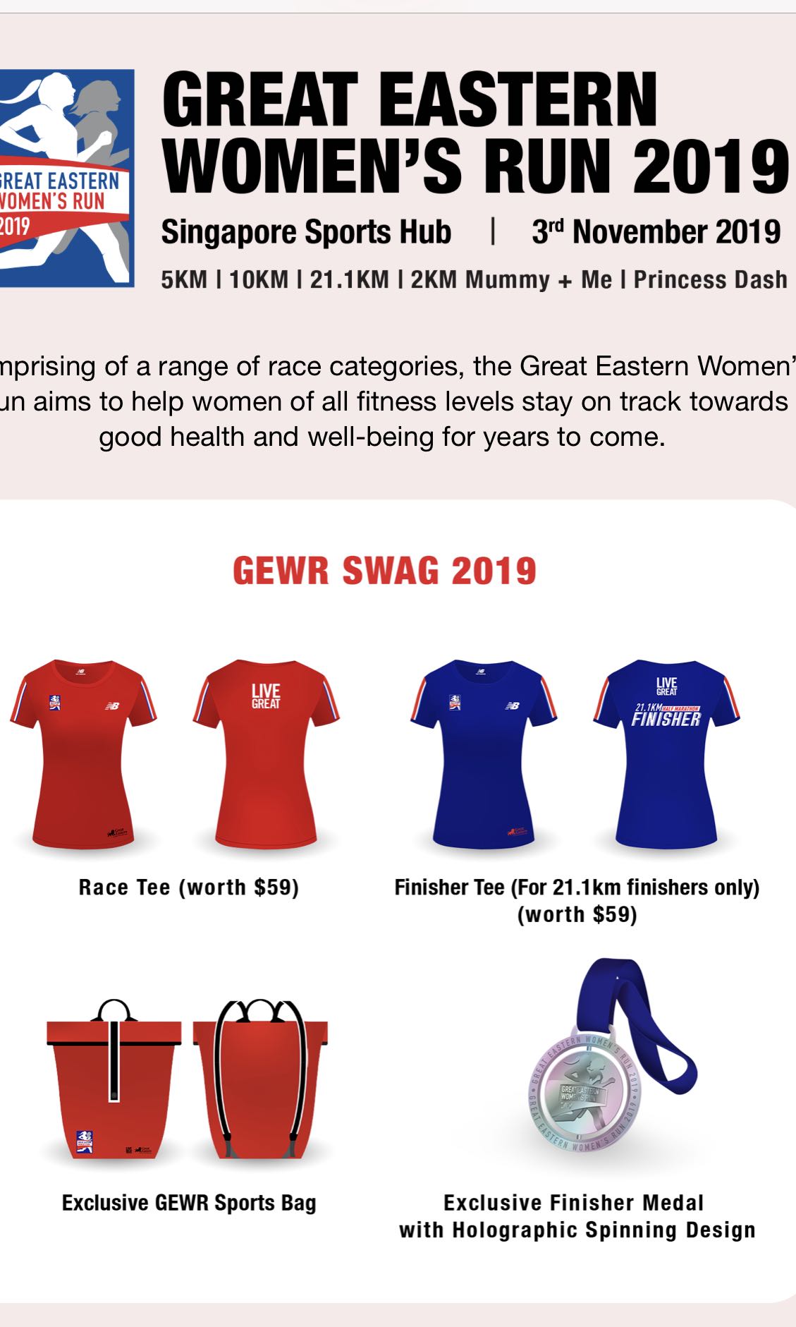 Great Eastern Women Run Gewr 2019 Half Marathon 21km Race Slot Inclusive Actual Day Run 2 New Balance Tees Sports Bag And Exclusive Holographic Medal Up 78 Everything Else On Carousell