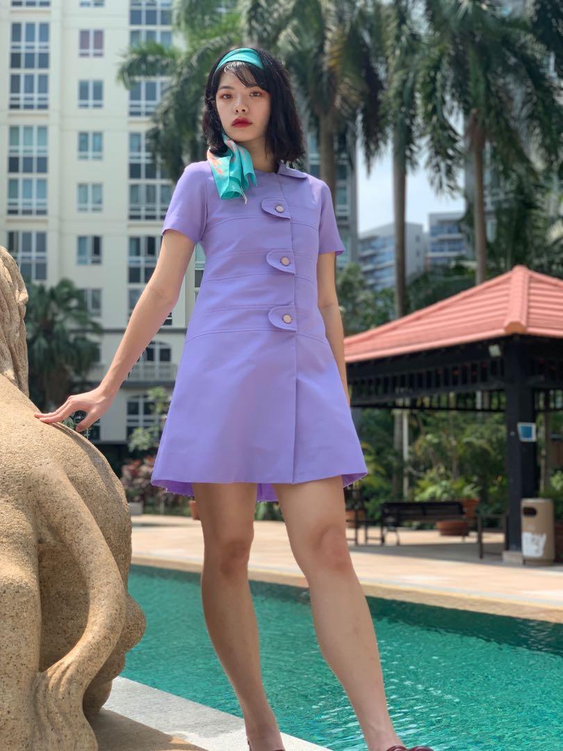 Vintage late 60s lilac cotton twill mod mini dress