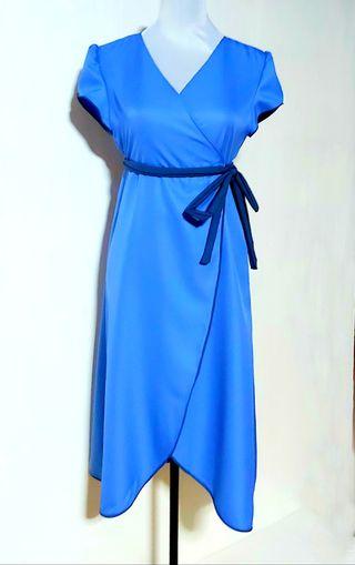 Women Light  Blue Wrap/Overlap Empire/High Waist Dress for Elegant/Maternity Wear