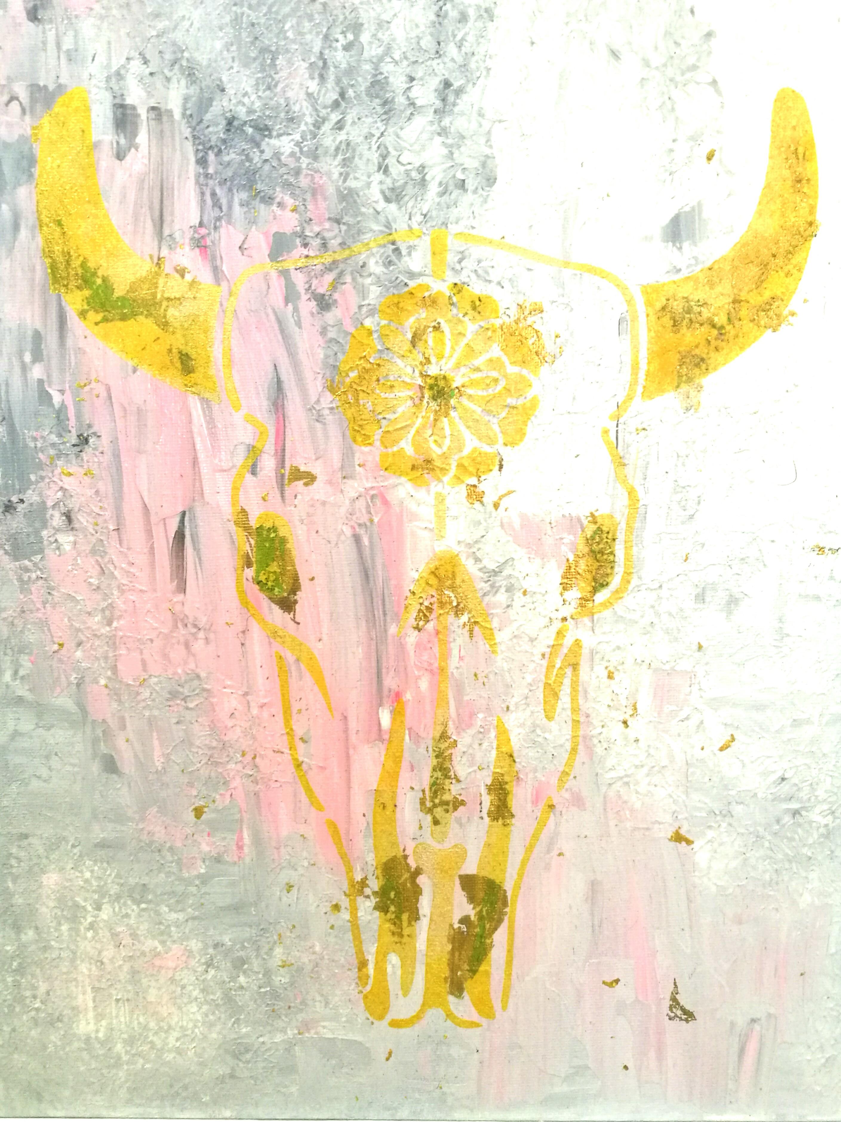 Cow Bull Skull Acrylic Canvas Painting Gold Pink Grey White