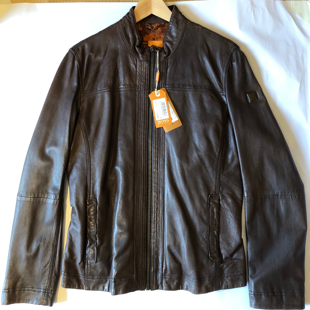 Hugo Boss Orange Brown Leather Jacket, Men's Coats, Jackets Outerwear on Carousell