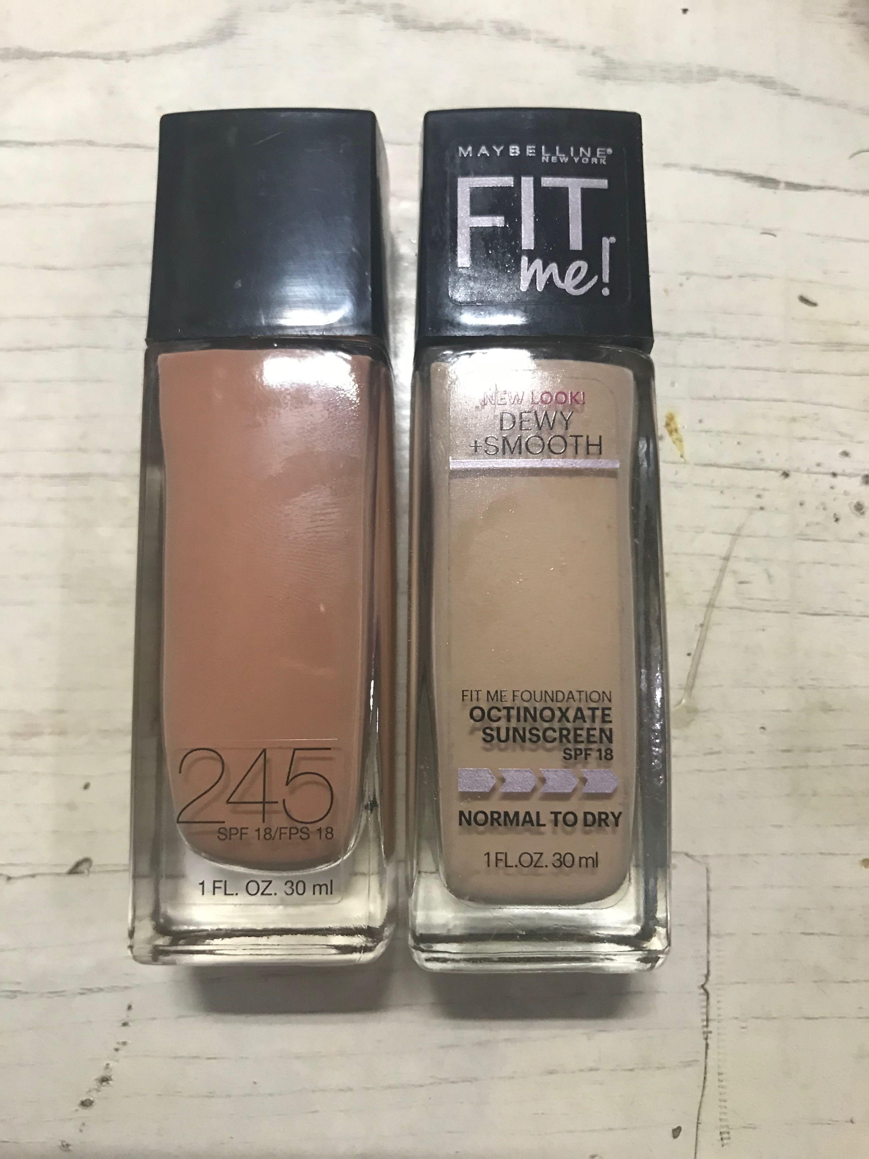 Maybelline Fit Me Dewy Foundation bundle (Category: Makeup) located in Manila. Submitted by daimonamidesu (Listing ID 251591890, Image 1). Description: Selling authentic, preloved Maybelline Fit Me Dewy Foundation bundle! Foundation shades: 110 (Porcelain) for Fair Skin with Pink Undertones 245 (Sun Beige) for Tanned Skin with Pink Undertones Item condition: 90% full for shade 245 95% full for shade 110 Only used for swatching twice. Bought in US
