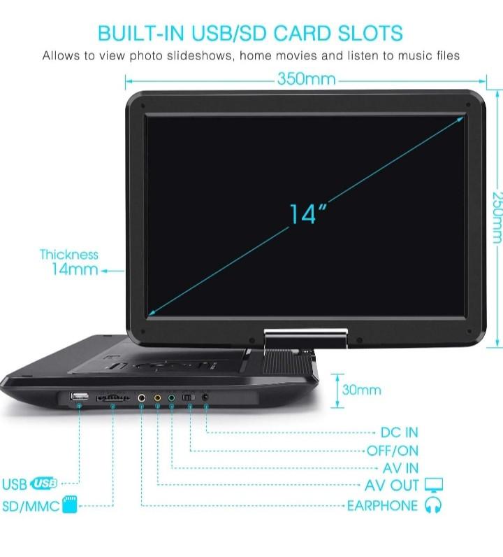 NAVISKAUTO 14" Portable DVD Player with 67 Hours Rechargeable Battery
