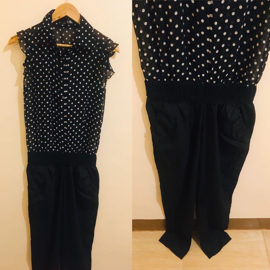 Polka Black Jumpsuit (Category: Jumpsuits) located in Mandaluyong City. Submitted by rafjaye (Listing ID 251438398, Image 1). Description: Super cute and nice fitting Worn 2x only .