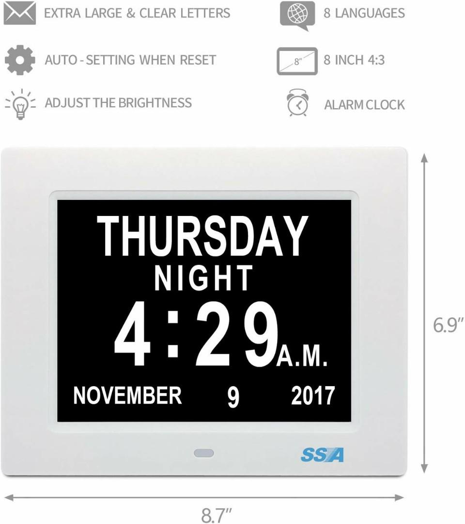 SSA Alarm Clock, 8 inch Digital Calendar Day Clock with Clear Large NonAbbreviated Day & Month