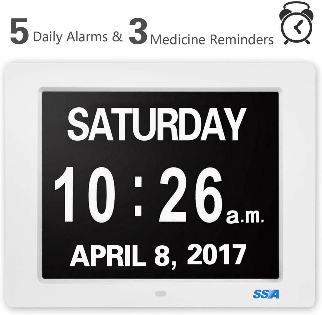 SSA Alarm Clock, 8 inch Digital Calendar Day Clock with Clear Large NonAbbreviated Day & Month