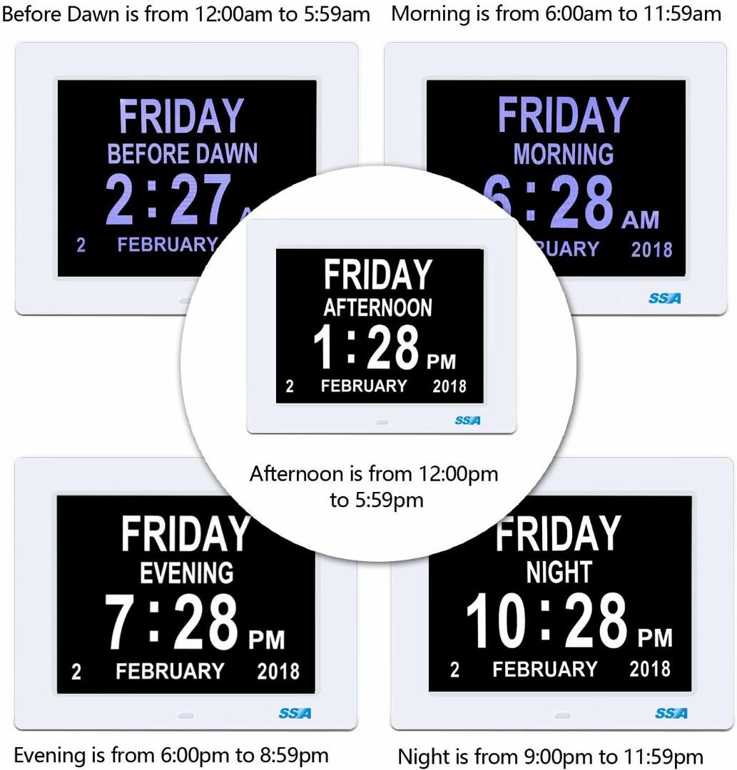 SSA Alarm Clock, 8 inch Digital Calendar Day Clock with Clear Large NonAbbreviated Day & Month