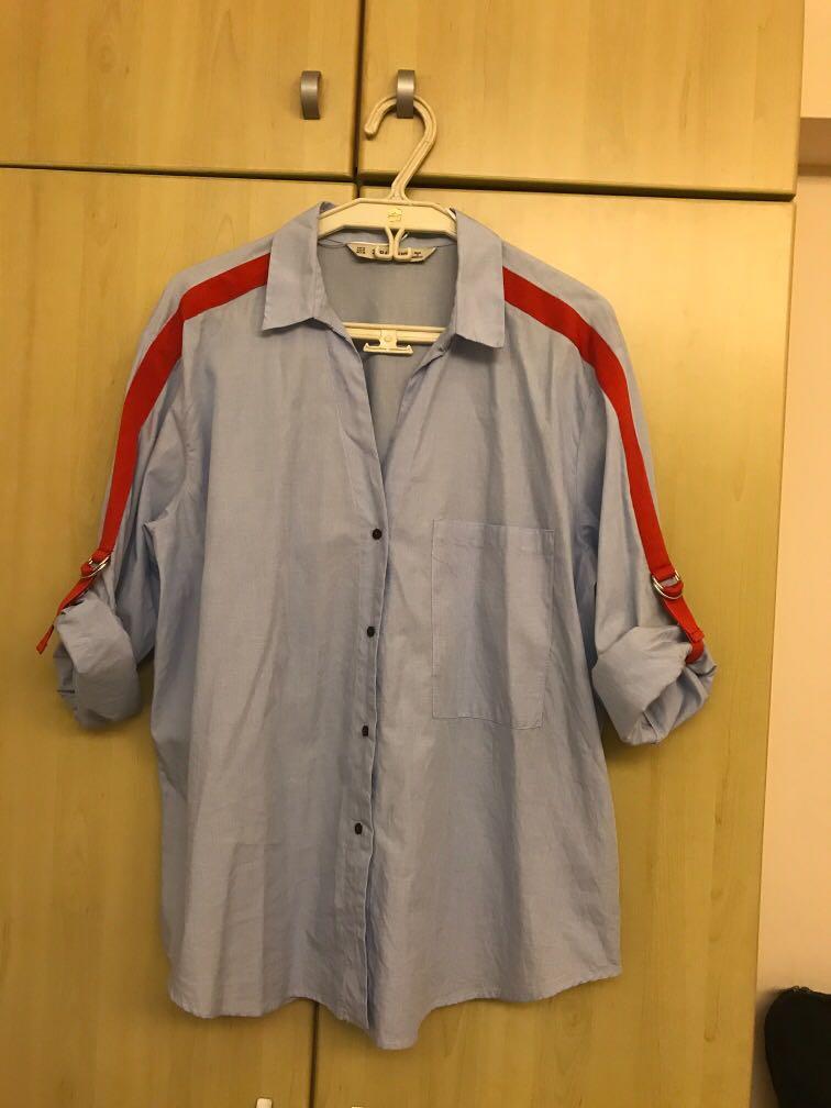 zara blue shirt with red stripe