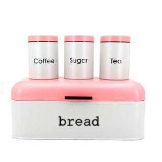 Bread Food Multipurpose Box Container Steel Bin w/ 3 canister set for coffee tea sugar