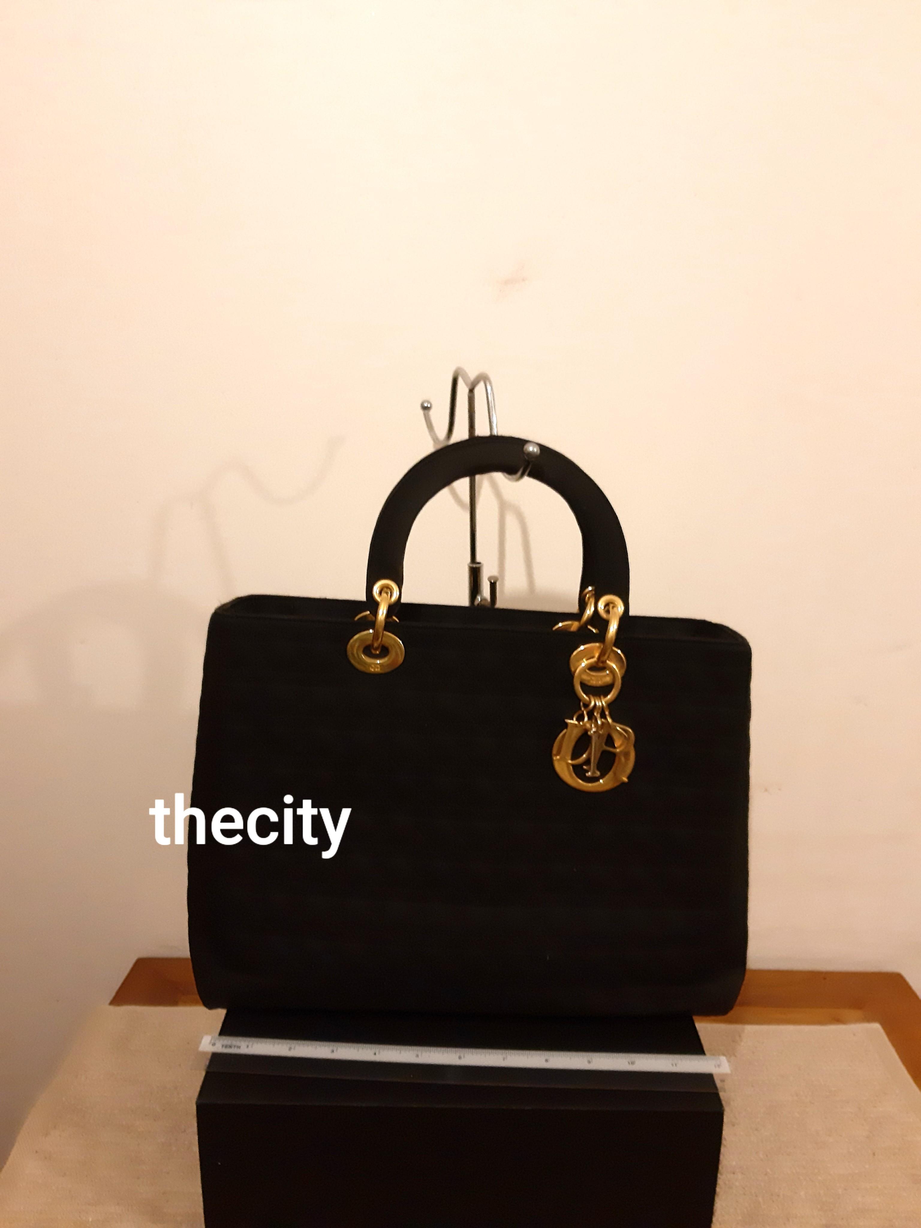 Authentic Dior Large Lady Dior Black Suede Microfiber Gold Hardware Charms Intact Clean Interior Solid Shape