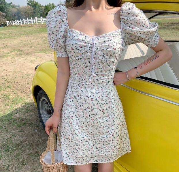 Retro square neck puff sleeve floral 